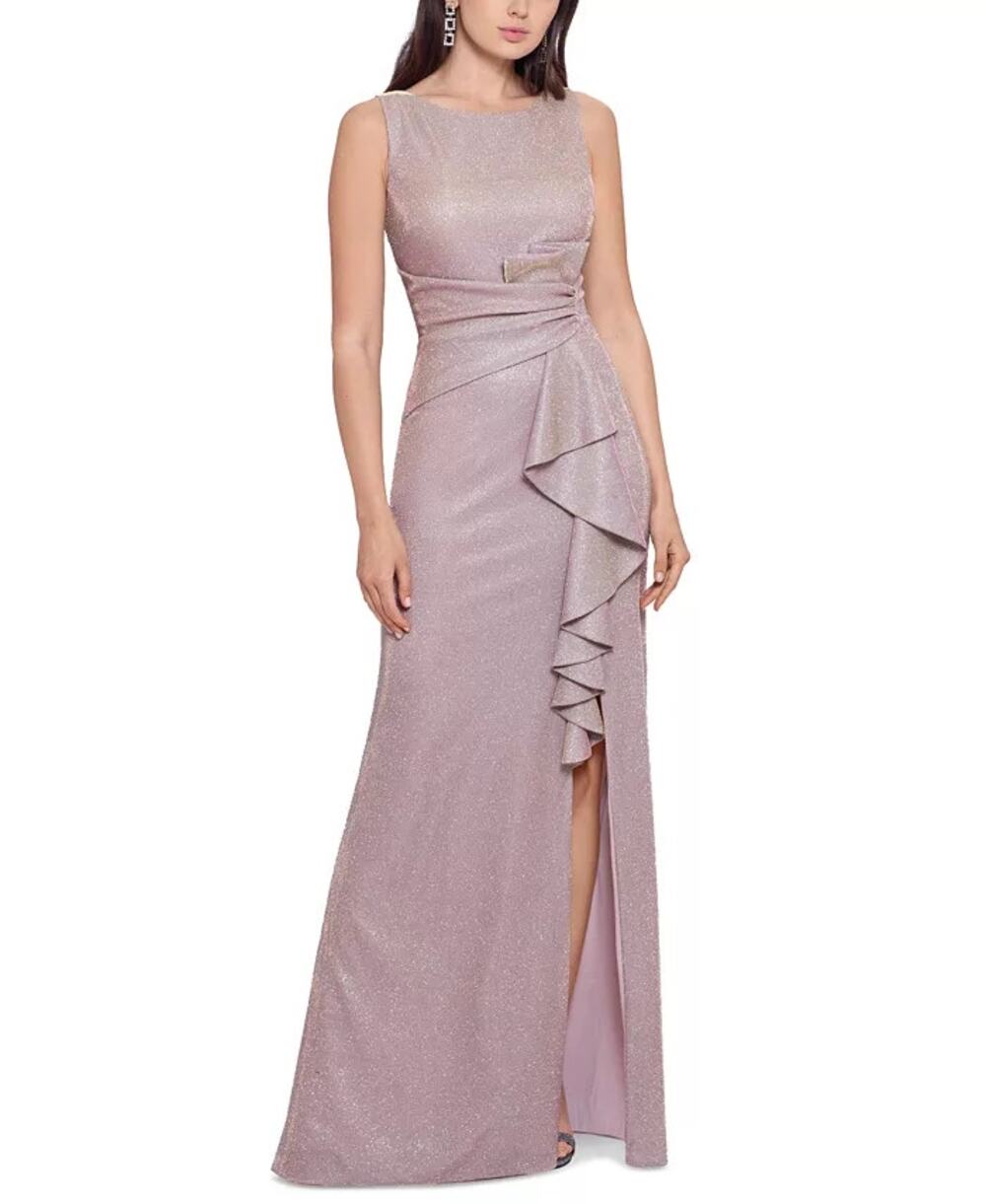 Betsy & Adam Petite Ruffled Shimmer Gown White pink Gold P12